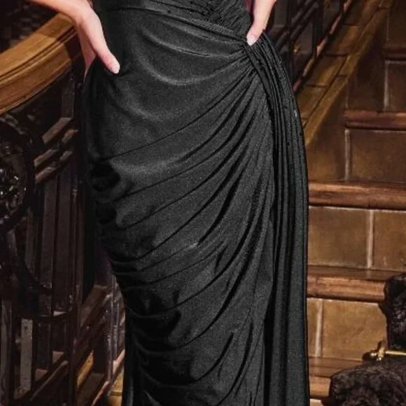NEW STRETCH SATIN SHEATH MAXI GOWN W/ LEG SLIT & ASYMMETRICAL NECKLINE CD787